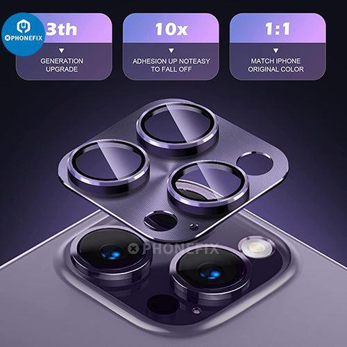 Silver tempered glass back camera lens protector for iPhone 13-14 Pro Max, provides durable rear back camera protection.