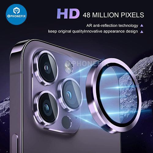 Silver tempered glass back camera lens protector for iPhone 13-14 Pro Max, provides rear back glass replacement and protection.