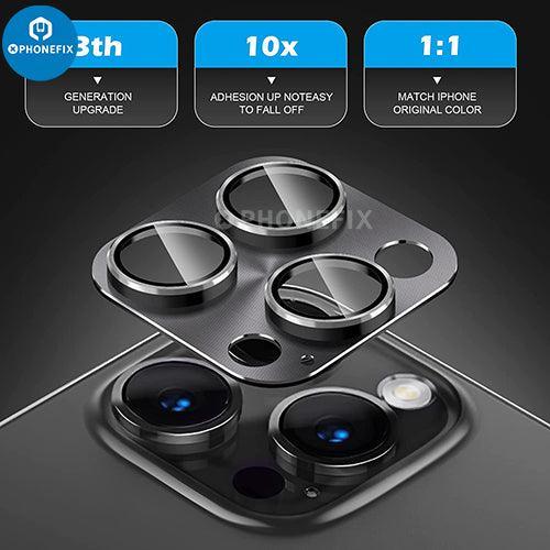 Silver back glass replacement with tempered glass lens protector for iPhone 13-14 Pro Max, showing rear camera area.
