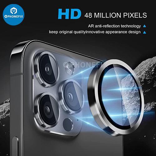 Silver tempered glass back camera lens protector for iPhone 13-14 Pro Max, featuring durable back glass replacement by PHONEFIX.