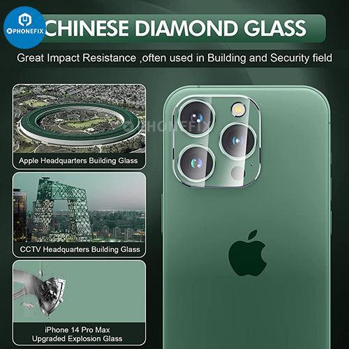 Silver tempered glass back camera lens protector for iPhone 13-14 Pro Max, provides durable rear back camera protection.