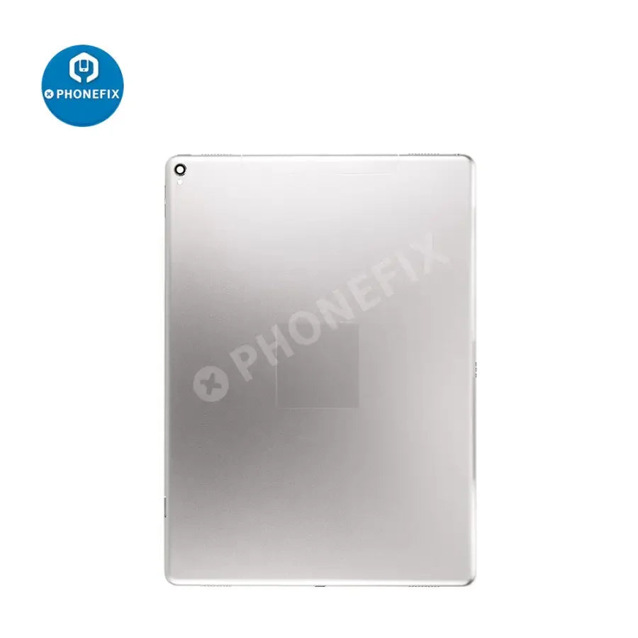 Silver iPad Pro 12.9-inch 2nd Gen back cover replacement by PHONEFIX, showing the back glass with WiFi and cellular version.