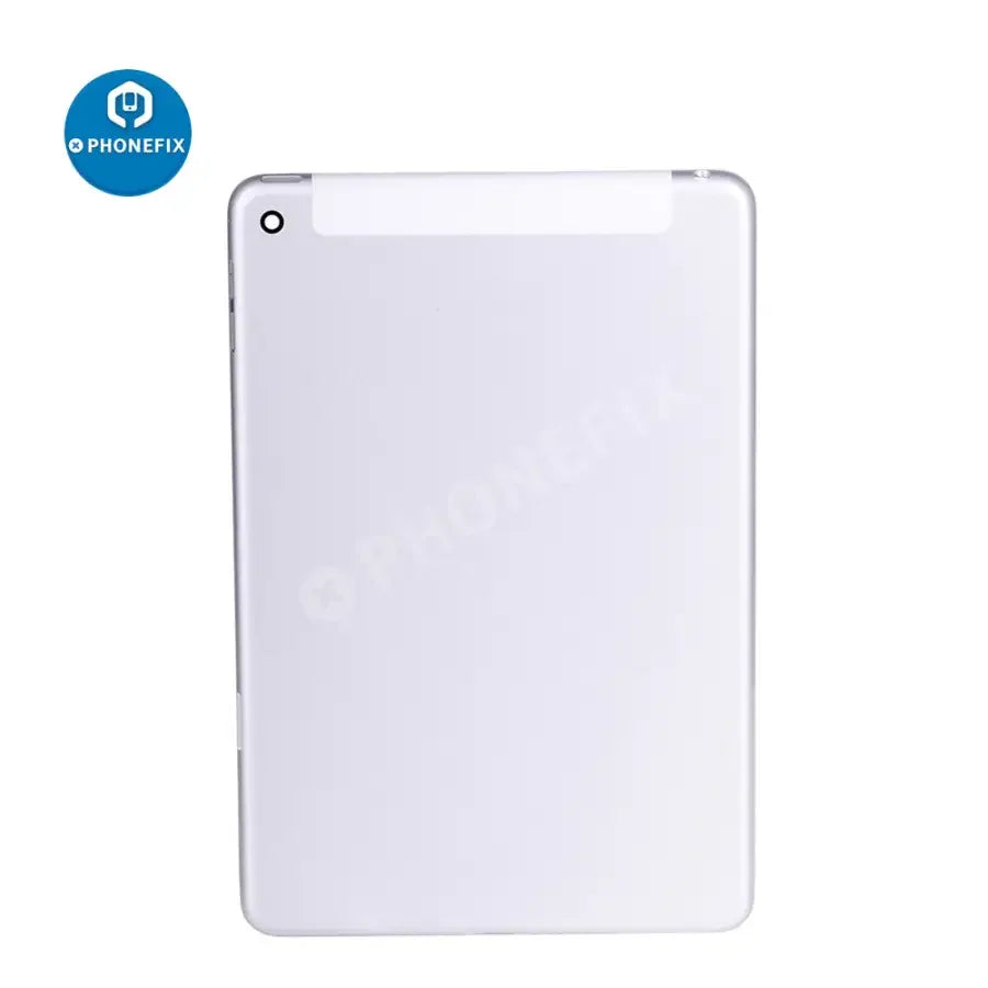 Silver iPad Mini 4 4G version back cover replacement, showing the glass back panel for PHONEFIX brand repair.