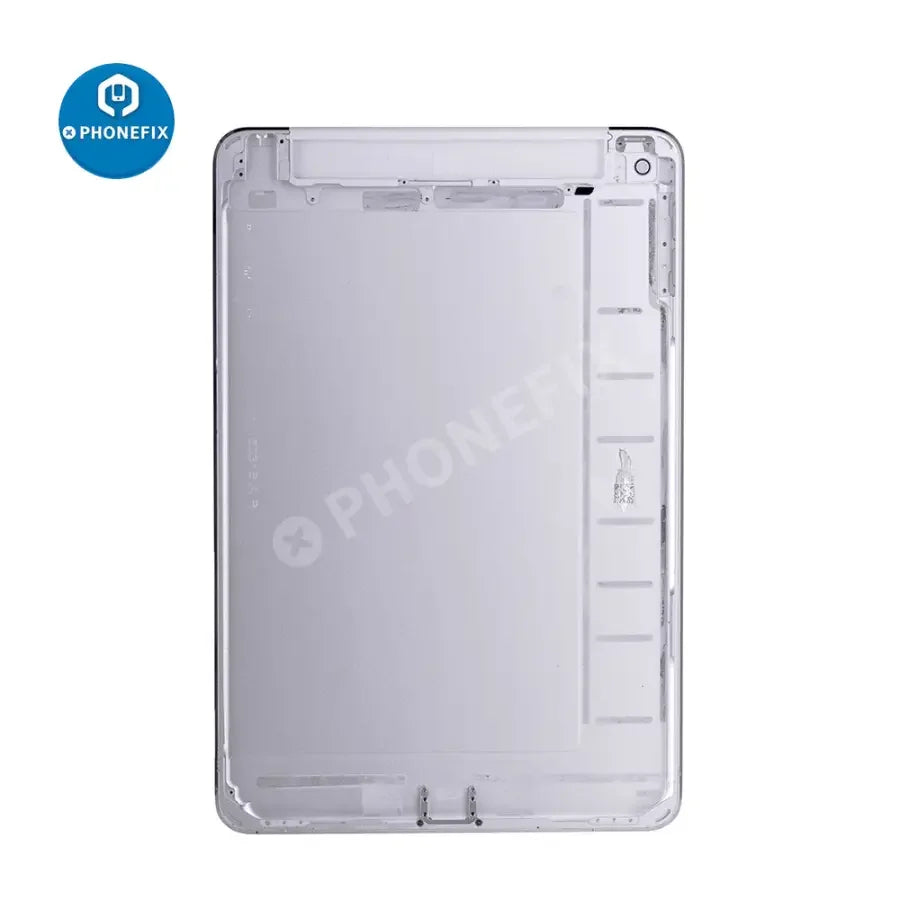Silver back glass replacement for iPad Mini 4 4G version, showing the PHONEFIX brand and new rear cover in the image.