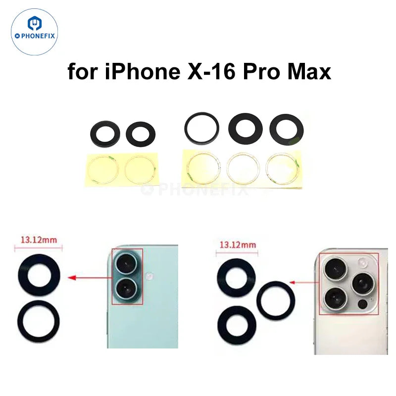 iPhone X-17 Pro Max rear camera glass lens replacement by PHONEFIX, showing the back glass replacement part with a clear, intact surface.