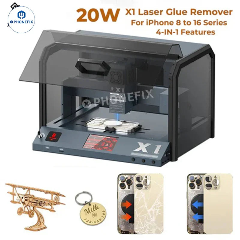 Xwitzeal X1 laser engraving film cutting UV curing all-in-one machine for back glass replacement, shown with the device and glass in use.