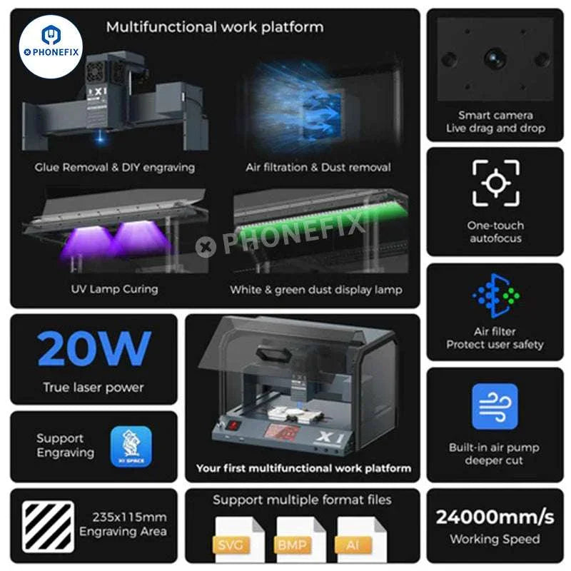 PhoneFix Xwitzeal X1, máquina todo en uno de grabado láser, corte de película y curado UV para el reemplazo de la cubierta trasera de vidrio, se muestra en funcionamiento.