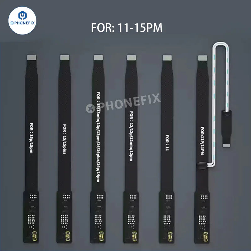 Lanrui 100% battery efficiency extension cable for iPhone 11-15 Pro Max, replacement part from PHONEFIX, showing the cable and connectors