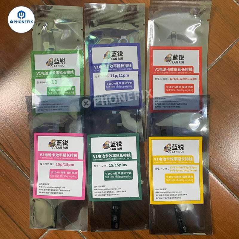 Lanrui battery efficiency extension cable for iPhone 11-15 Pro Max, replacement part by PHONEFIX, shown with connectors and wiring.