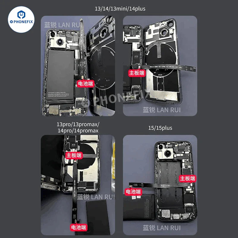 Lanrui 100% battery efficiency extension cable for iPhone 11 to 15 Pro Max, part of PHONEFIX battery replacement parts.