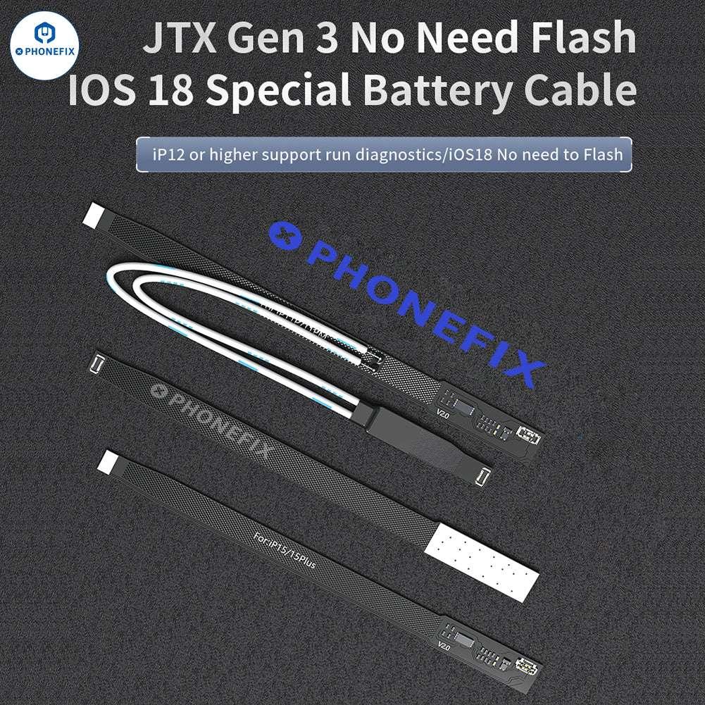 PHONEFIX iOS 18 iPhone 11-15 Pro Max battery repair cable for battery replacement, shown with connectors and cable components.
