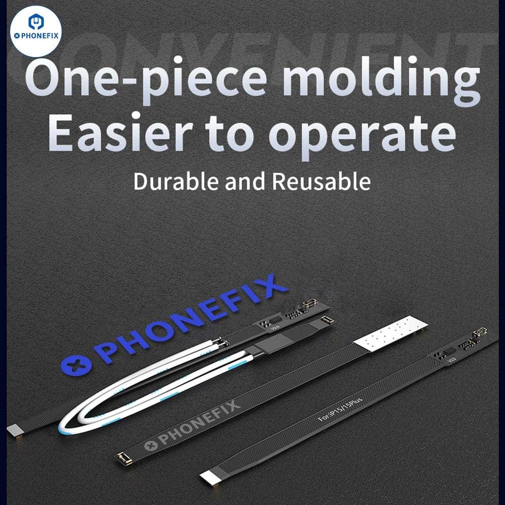 PHONEFIX iOS 18 iPhone 11-15 Pro Max battery repair cable for battery replacement, showing the replacement part and connectors.