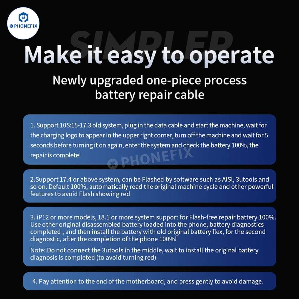 PHONEFIX iOS 18 iPhone 11-15 Pro Max battery repair cable for replacement or repair, shown in close-up view.