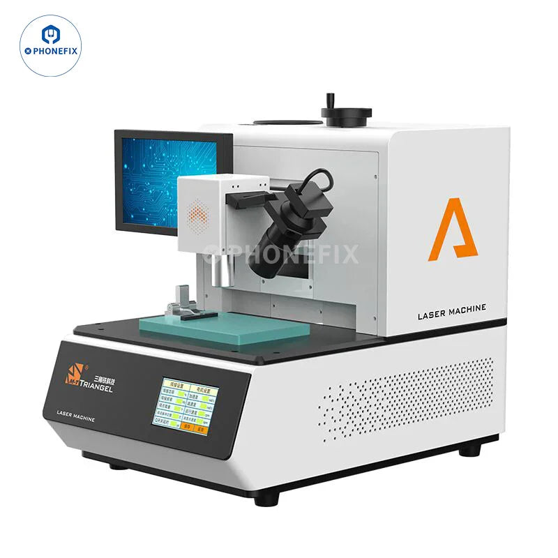 PhoneFix M-Triangel ML-14 laser welding machine for phone battery replacement, shown in a professional workspace setting.