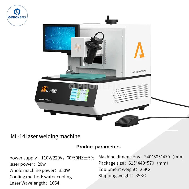 PhoneFix M-Triangel ML-14 laser welding machine for phone battery replacement, showing the compact spot welder tool.
