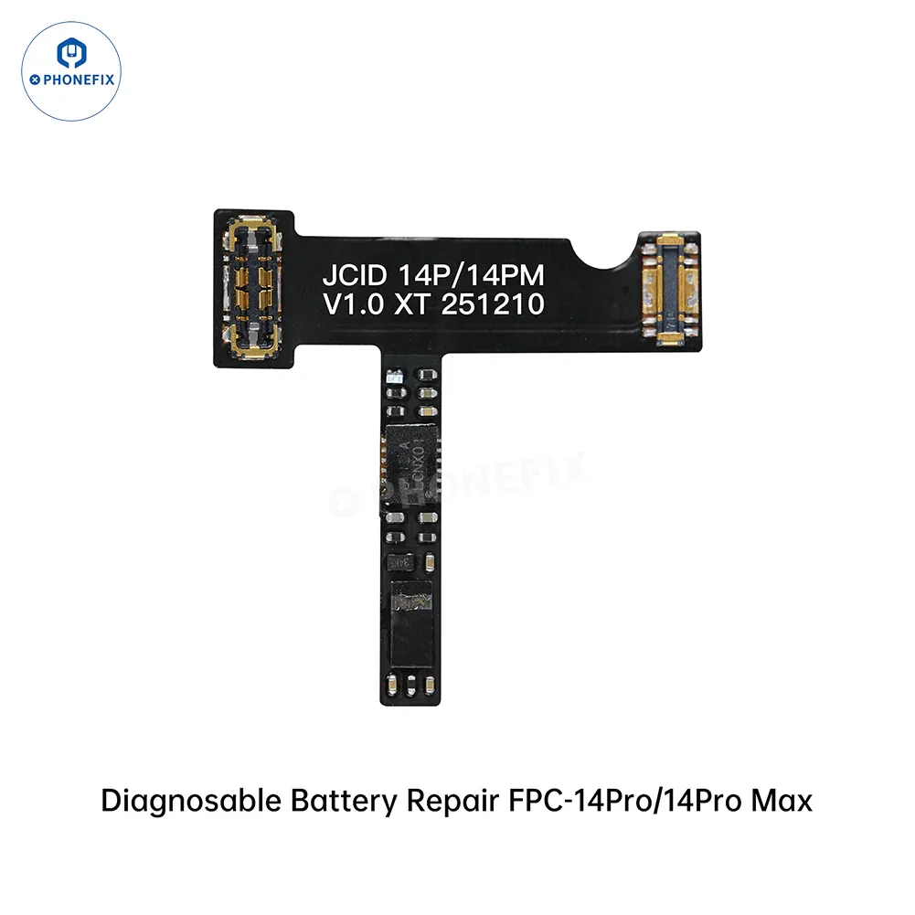 Câble FPC de réparation de batterie diagnostiquable PHONEFIX JCID pour iPhone 12-17 Pro Max, montrant un gros plan de la pièce de rechange.