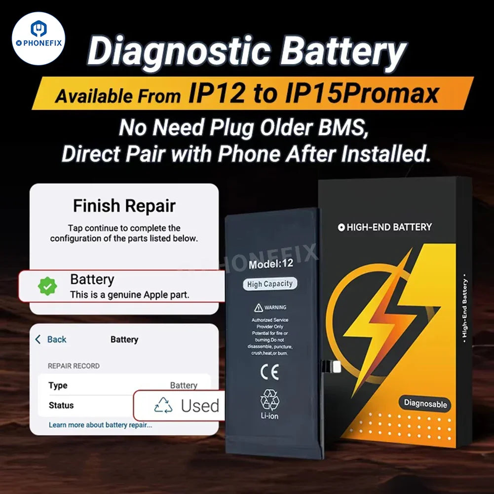 PHONEFIX no pop-up diagnostic battery replacement part for iPhone 12 to 16 Pro Max, showing the new battery and installation components.