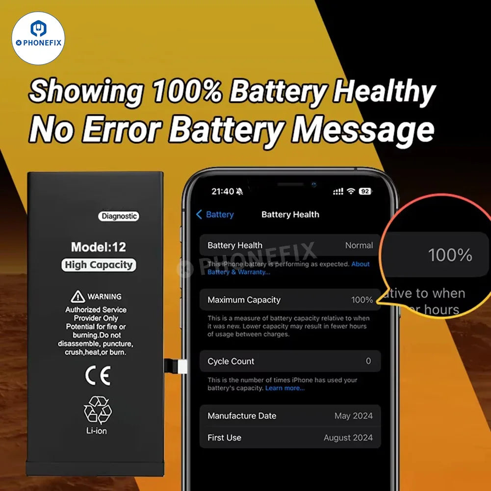 iPhone 12-16 Pro Max no pop-up diagnostic battery replacement part by PHONEFIX, showing the battery with connectors and components.
