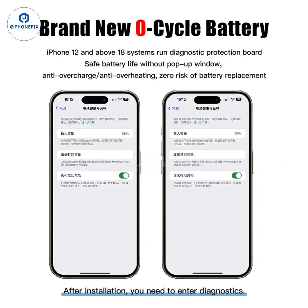 PHONEFIX iPhone 12-16 Pro Max no pop-up diagnostic battery replacement part, smartphone repair component on white background.