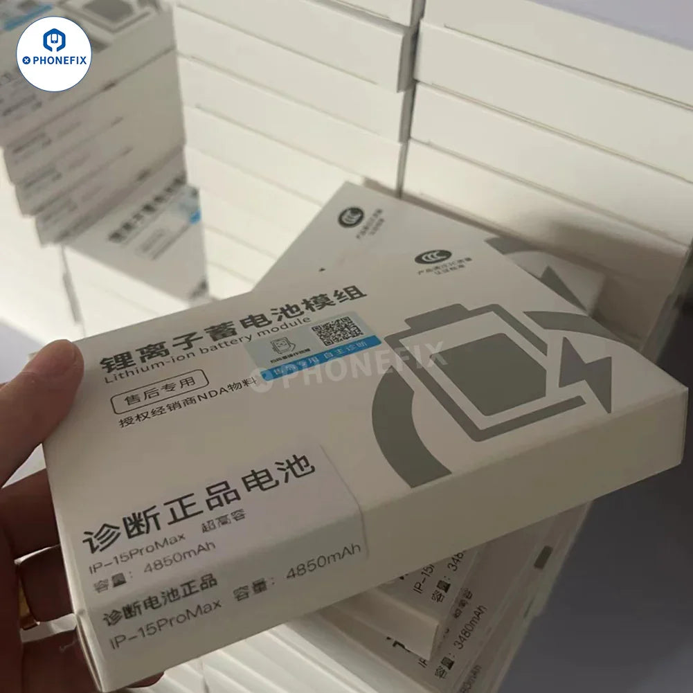 PHONEFIX diagnostic battery replacement part for iPhone 12-16 Pro Max, showing the new battery with connectors and packaging.