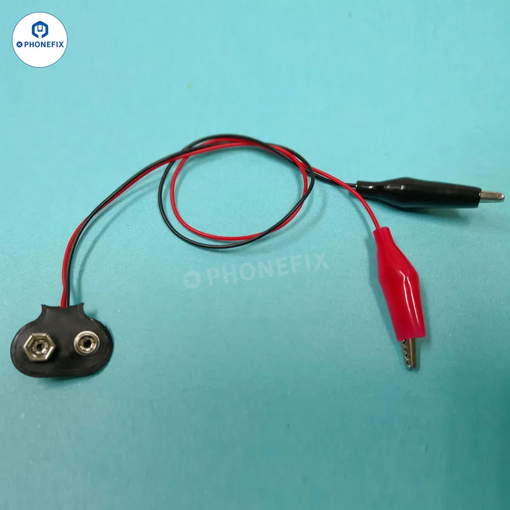 PHONEFIX 9V battery connector with alligator clips for iPhone 16-17 battery removal and replacement parts.