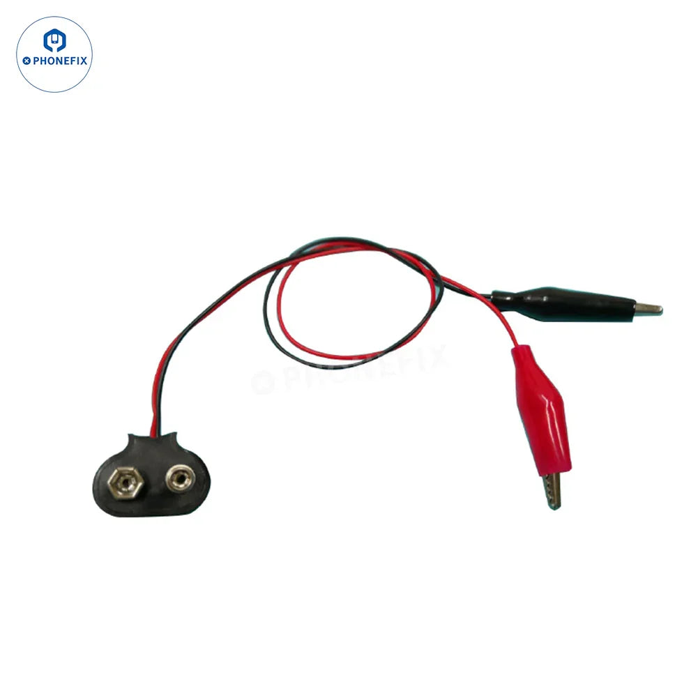 PhoneFix 9V battery connector with alligator clips for iPhone 16-17 battery removal and replacement parts.