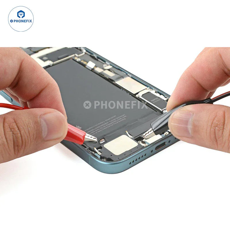 PHONEFIX 9V battery connector with alligator clips for iPhone 16-17 battery replacement, shown with clip attached.