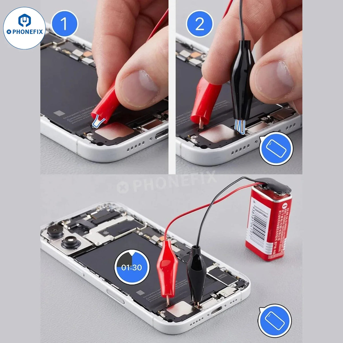 PHONEFIX 9V battery connector with alligator clips for iPhone 16-17 battery removal, showing the connector and clips in detail.