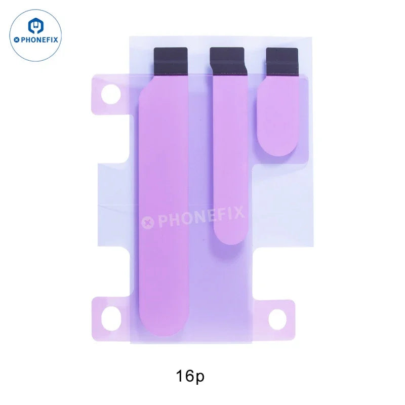 PhoneFix iPhone 15-16 Pro Max battery adhesive strips for replacement, shown in a close-up view of the strips on a white background.