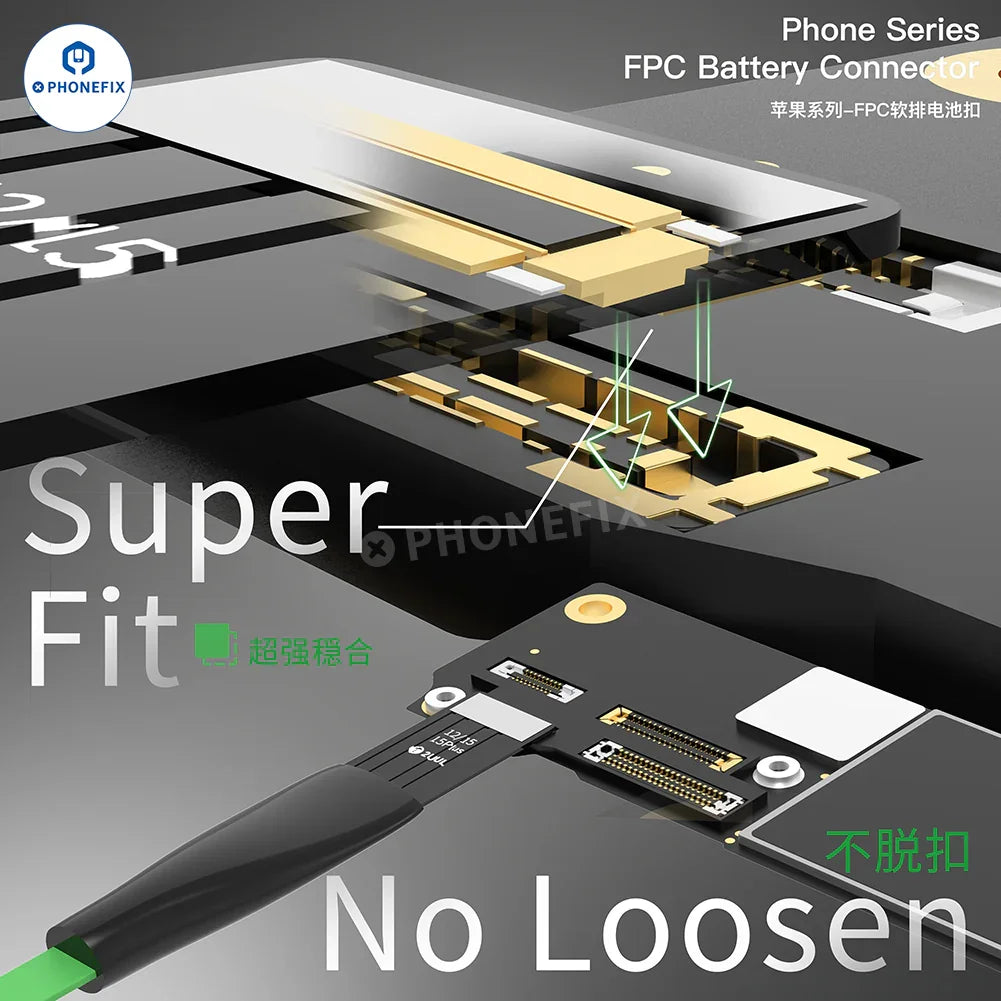 PHONEFIX 2UUL FPC battery connector buckle for iPhone and Android phones, replacement part with cable clip and connector component.