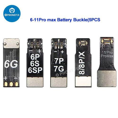 DC power connector battery terminal buckle for iPhone 8, XS, 13 Pro Max replacement part by PHONEFIX, shown on a white background.