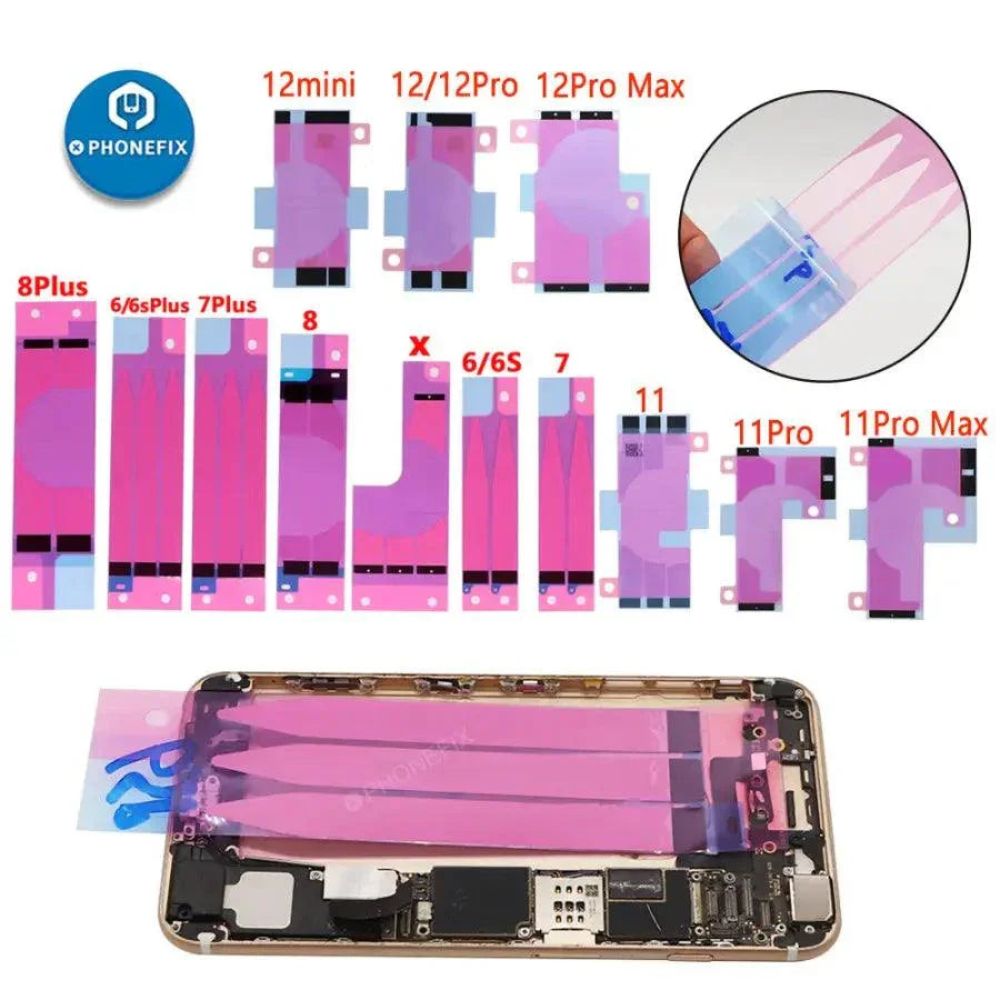 PhoneFix battery sticker heat sink tape for iPhone replacement, visible adhesive strip and heat sink material for battery repair.