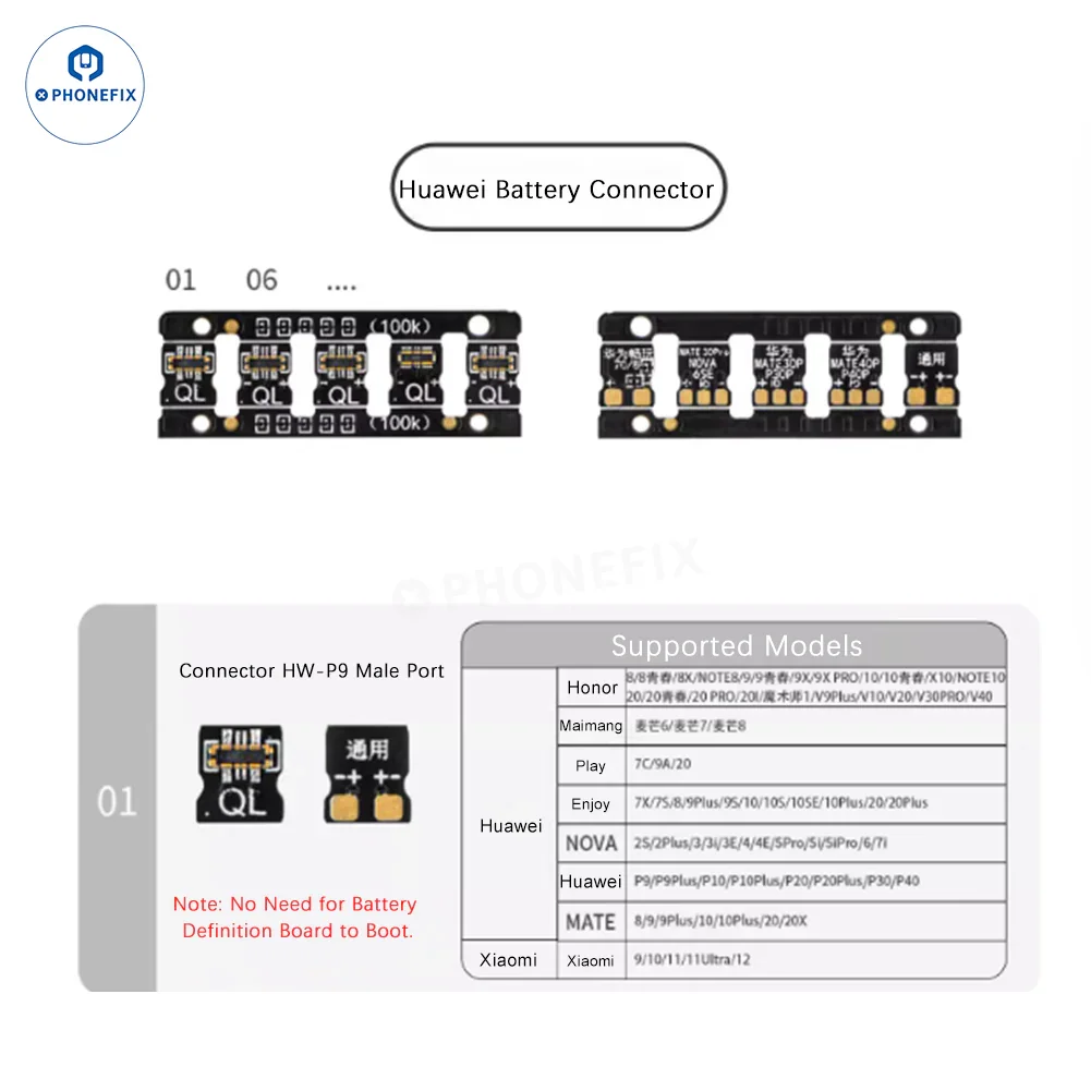 YCS battery-free boot power connector for Android, iPhone, Huawei smartphones, replacement part with connector and circuit components.