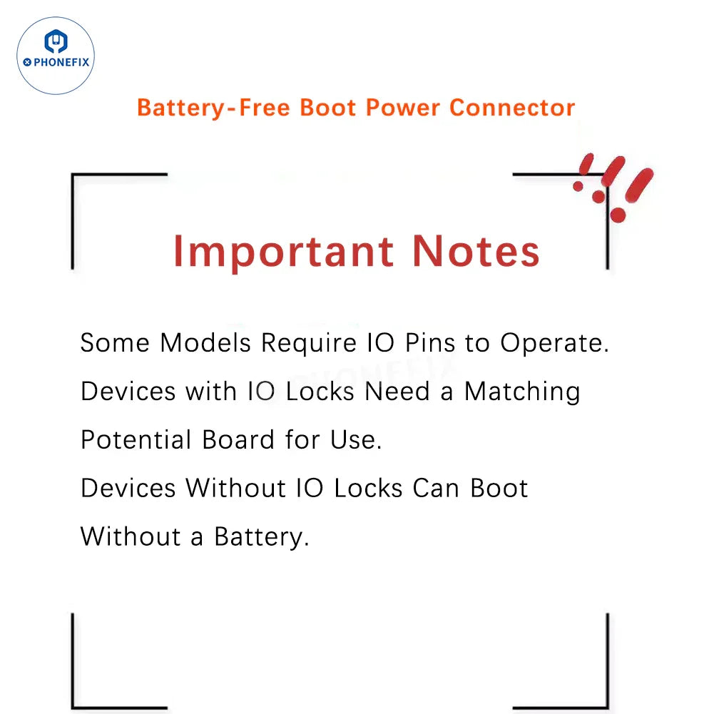 PHONEFIX YCS battery-free boot power connector for Android, iPhone, Huawei replacement parts, with visible connector pins and wiring.