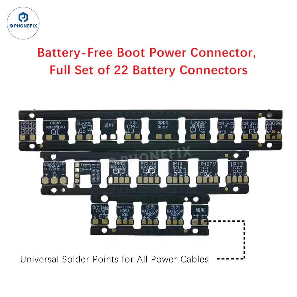 YCS battery-free boot power connector for Android, iPhone, Huawei devices, replacement part from PHONEFIX, close-up of connector component.