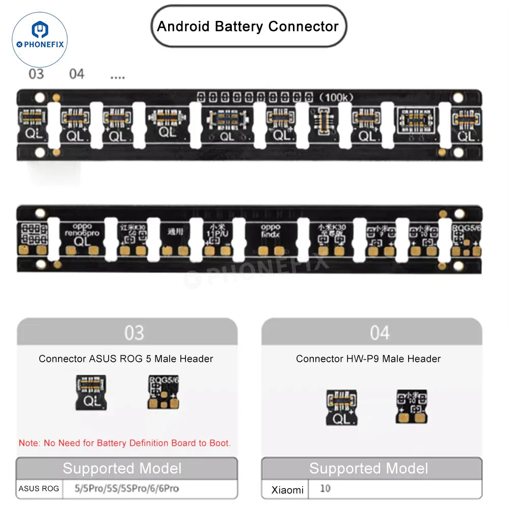 Battery-free boot power connector for Android, iPhone, Huawei smartphones, compatible with PHONEFIX battery replacement parts.