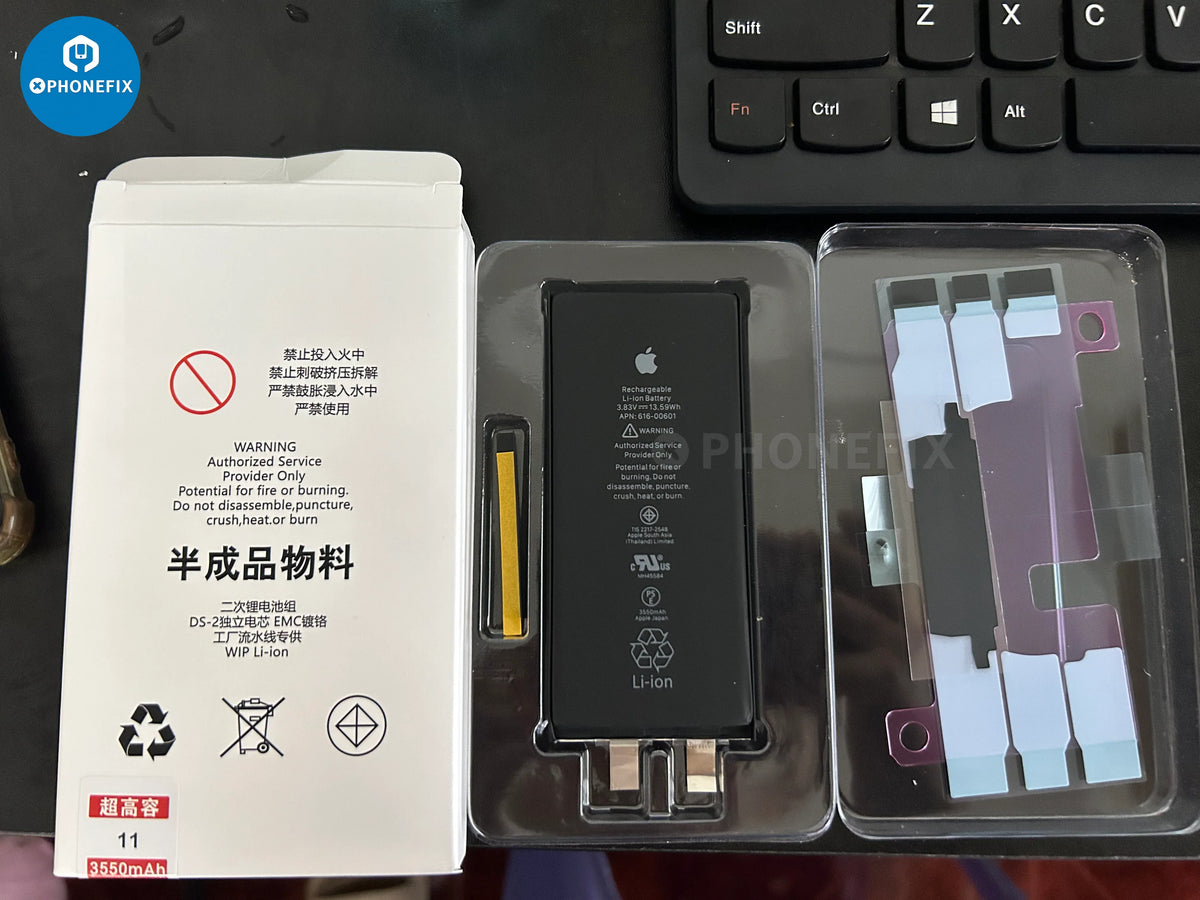 Prime PHONEFIX rechargeable battery cell for iPhone 11 12 13 14 Pro Max, replacement part with visible battery and connectors.