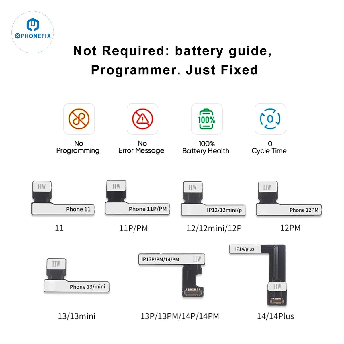 Prime PHONEFIX rechargeable battery cell for iPhone 11 to 14 Pro Max, showing the replacement lithium-ion battery with connectors.