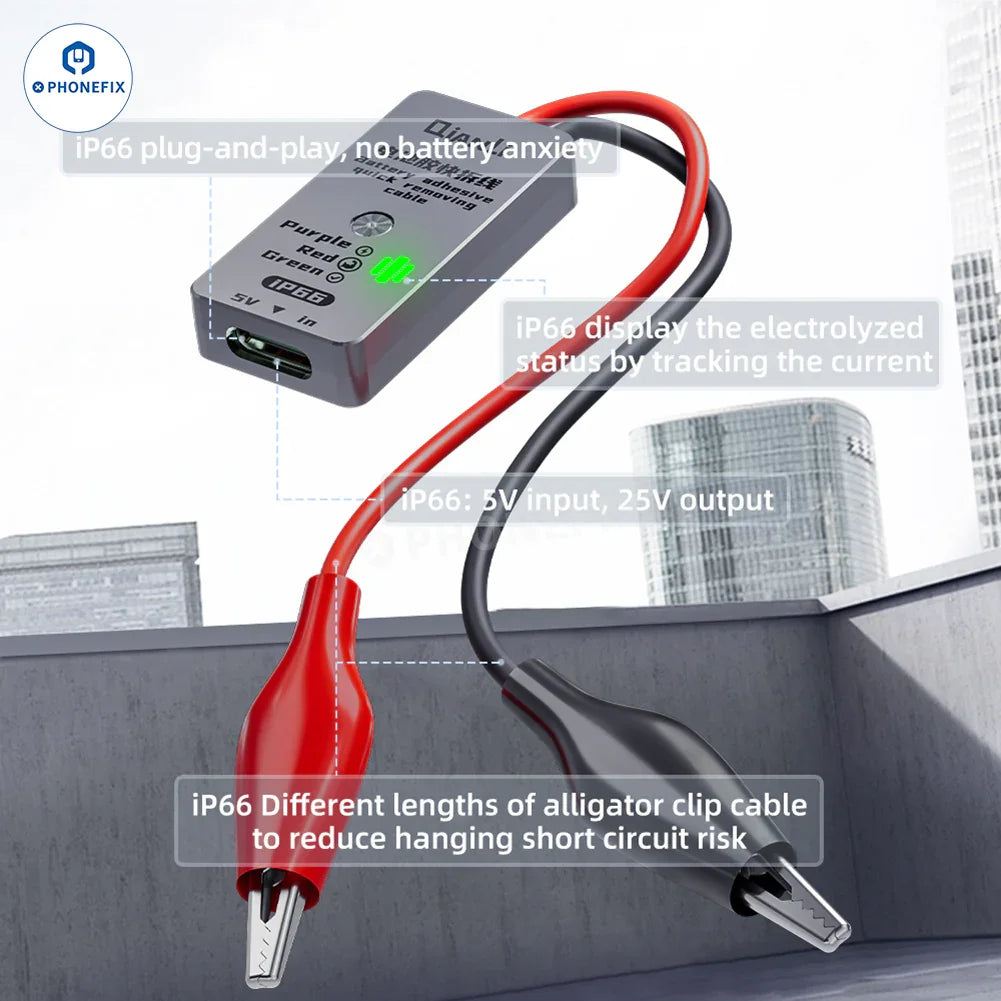 PHONEFIX iP66 battery adhesive strip for quick removal, compatible with iPhone 16 and 17 disassembly and battery replacement.