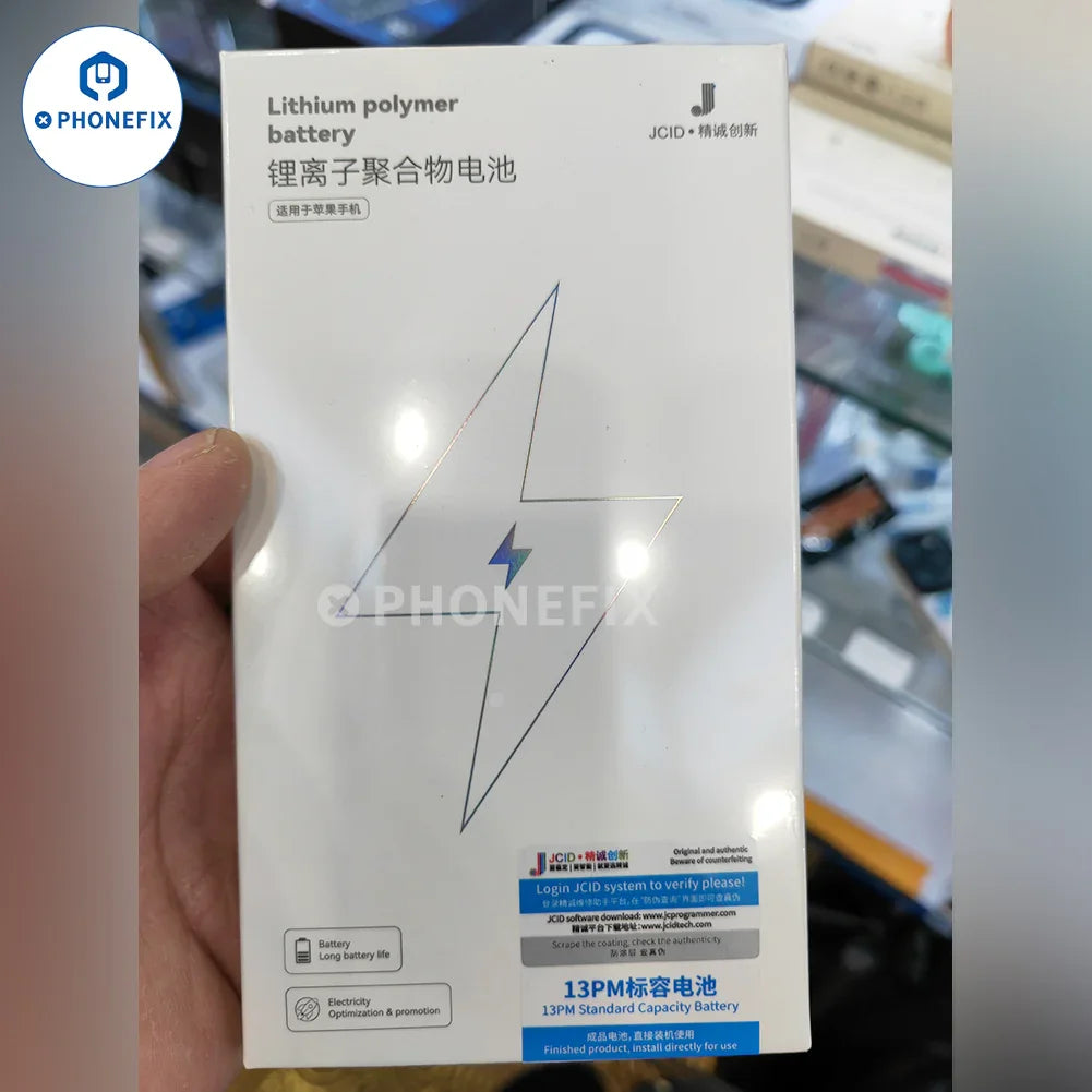 iPhone third-party battery replacement by PHONEFIX with JC-ID technology, showing the new lithium-ion battery for iPhone repair.