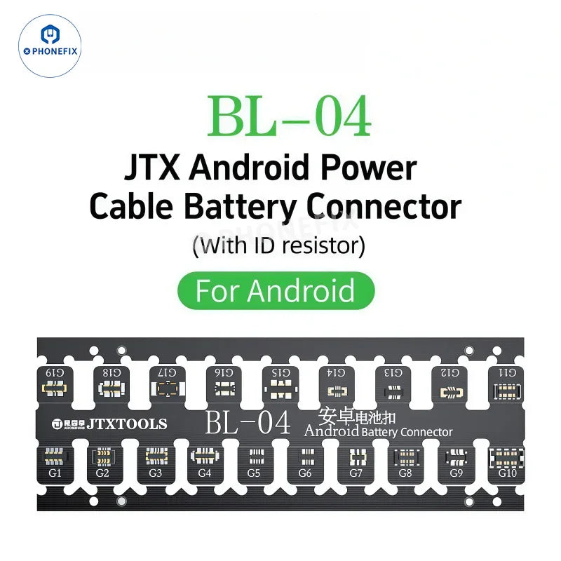 PHONEFIX JTX BL-03 BL-04 battery connector for iPhone 6-17 series and Android devices, shows close-up of connector part on circuit board.