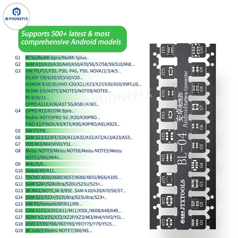 JTX BL-03 BL-04 battery connector for iPhone 6-17 series and Android devices, replacement parts with connector pins and wiring.