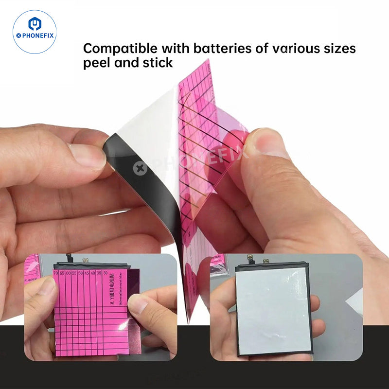 Set of 10 PHONEFIX YCS M.Y mobile phone universal battery replacement stickers and adhesive strips for DIY battery repairs.