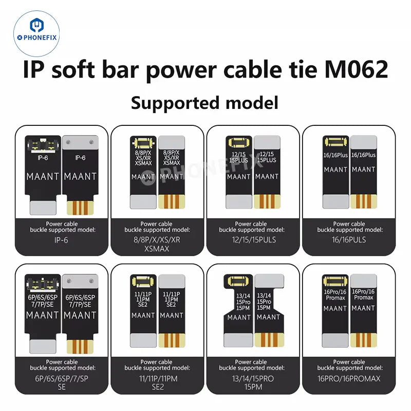 PHONEFIX power cable connector and battery buckle replacement part for iPhone 6 to iPhone 16 Pro Max, shown in the image.