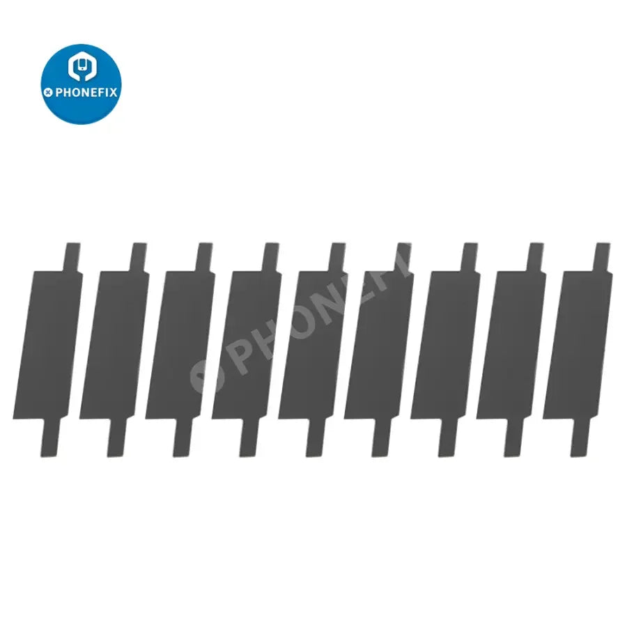 Set of 10 black insulation stickers for iPhone battery flex replacement, durable protective tape by PHONEFIX.
