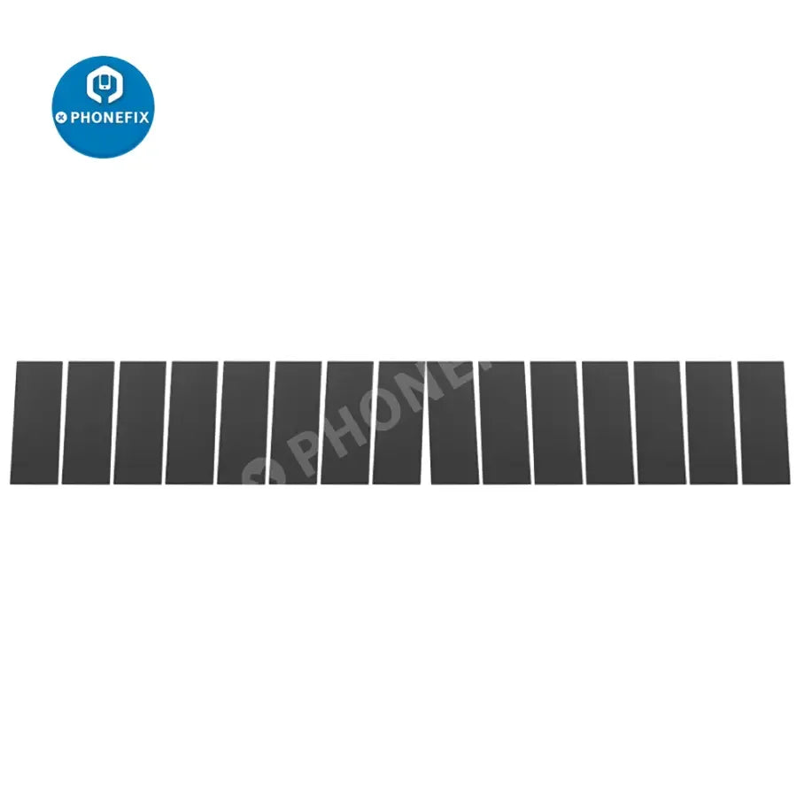 Set of 10 black insulation stickers for iPhone battery flex replacement, made by PHONEFIX, used to protect and insulate battery components.