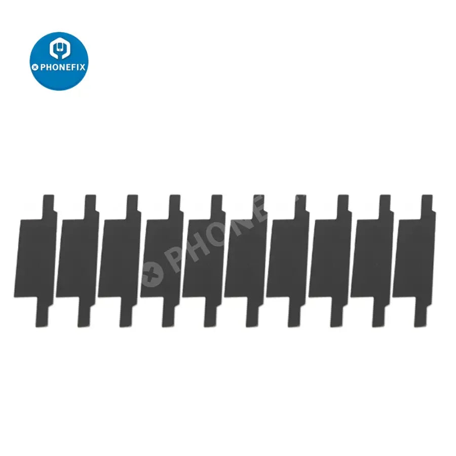 Set of 10 black insulation stickers for iPhone battery flex protection, designed by PHONEFIX for battery replacement parts.
