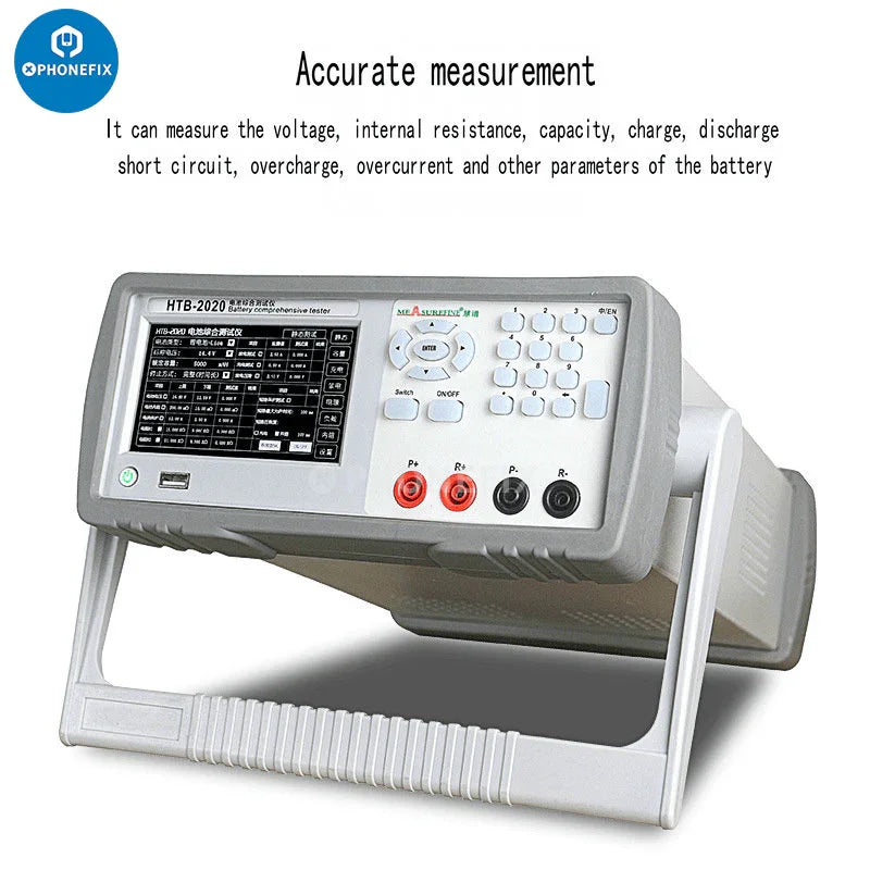 PhoneFix lithium battery internal resistance and capacity tester showing digital display and test probes for high-precision battery assessment.
