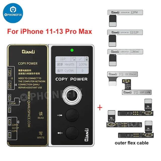 Qianli Copy Power battery flex cable for iPhone 11-14 Pro Max, used as a battery tester tool, shown with connectors and cable details.