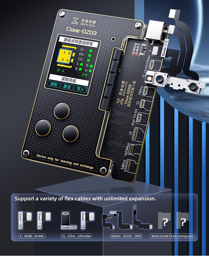 Qianli Copy Power Battery Flex Cable for iPhone 11-14 Pro Max used with PHONEFIX battery tester tool, shown with flex cable and connectors.